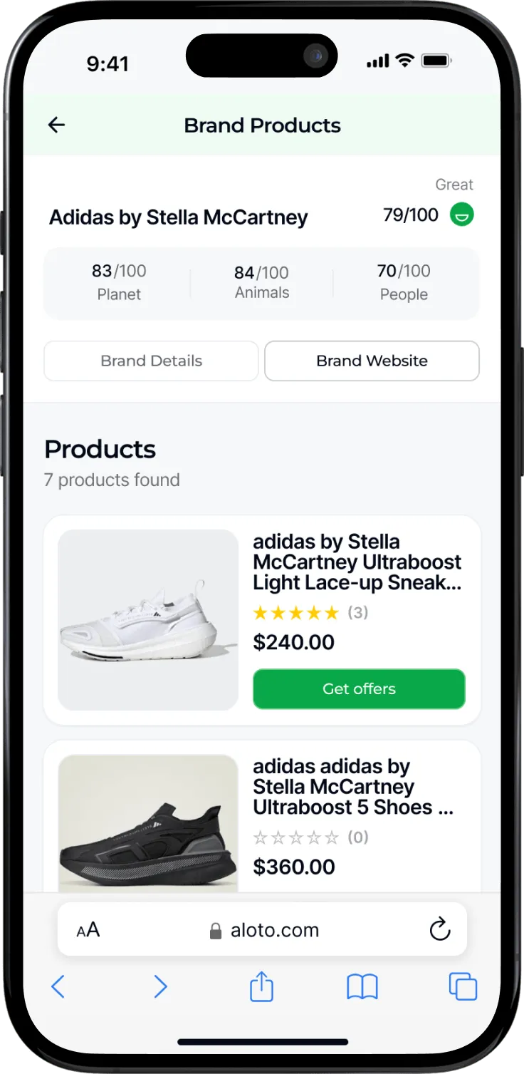 The app interface presents a product page that includes the product and its price.