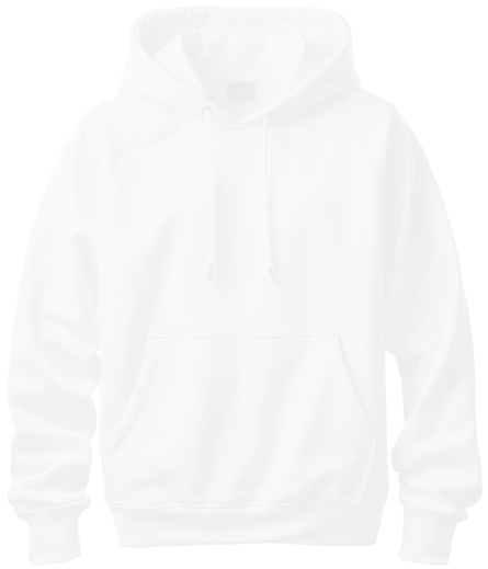 A plain white hoodie displayed against a white background, emphasizing its simple design and color.