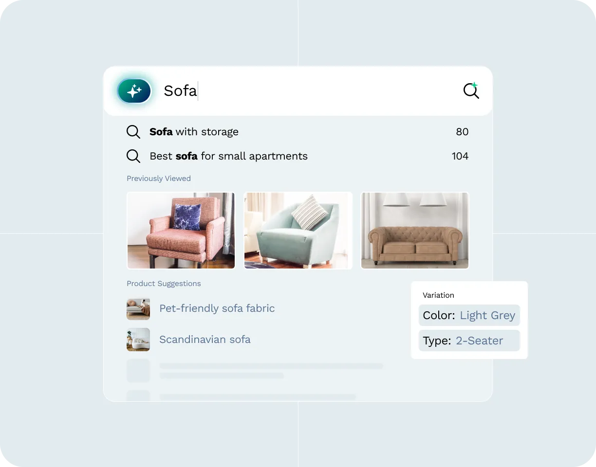 Search interface showing results for sofas including images of three sofa styles, product suggestions, and a variation panel for light grey, 2-seater sofa.