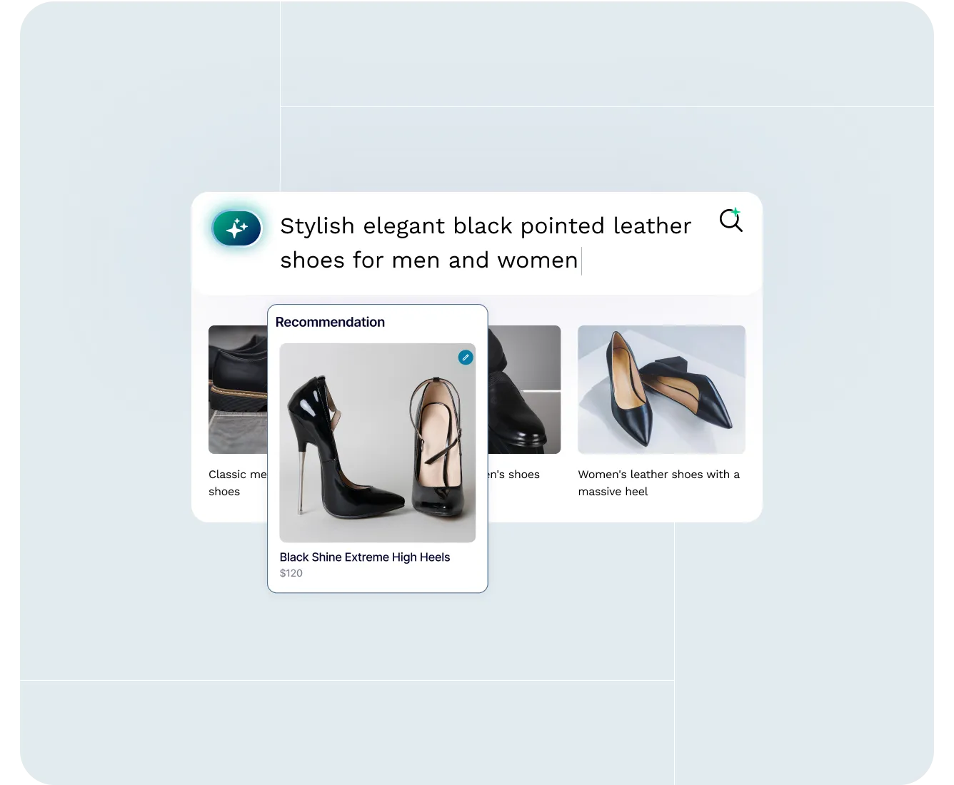 Search bar with text 'Stylish elegant black pointed leather shoes for men and women' and shoe recommendations including black shine extreme high heels priced at $120.