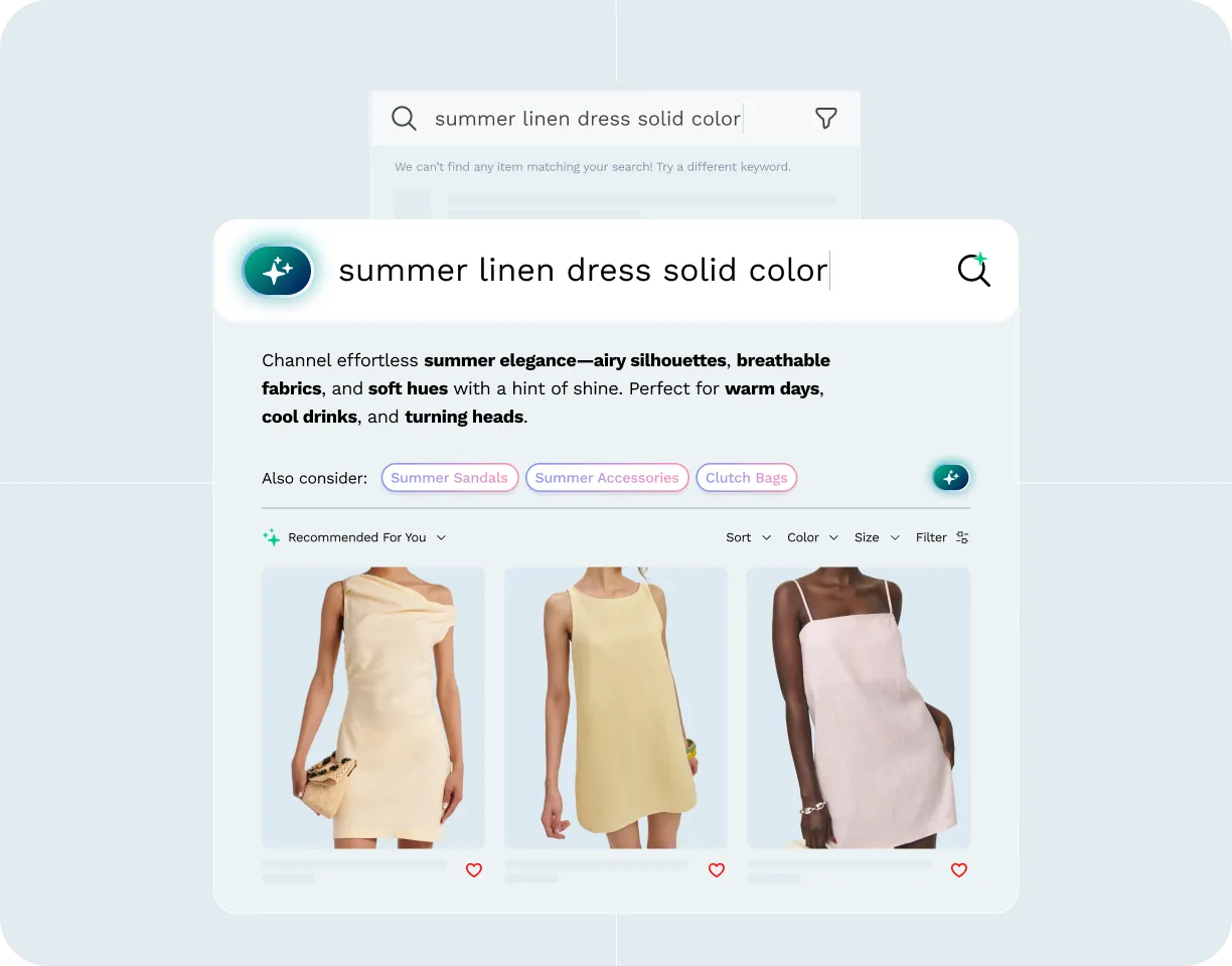 Online search results for summer linen dresses in solid colors showing models wearing cream, pale yellow, and light pink linen dresses.