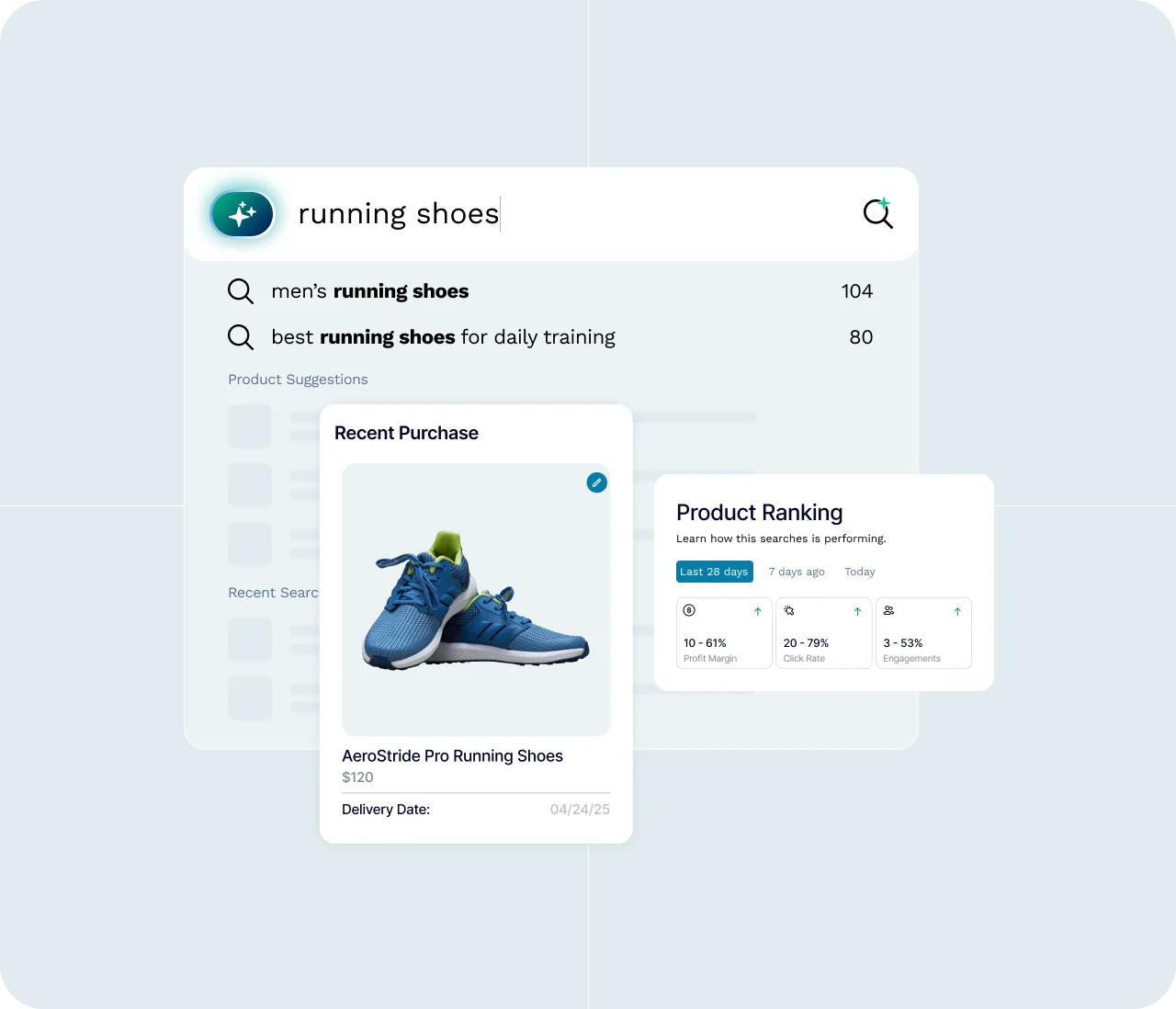 Search interface showing recommendations including black shine extreme high heels priced at $120.