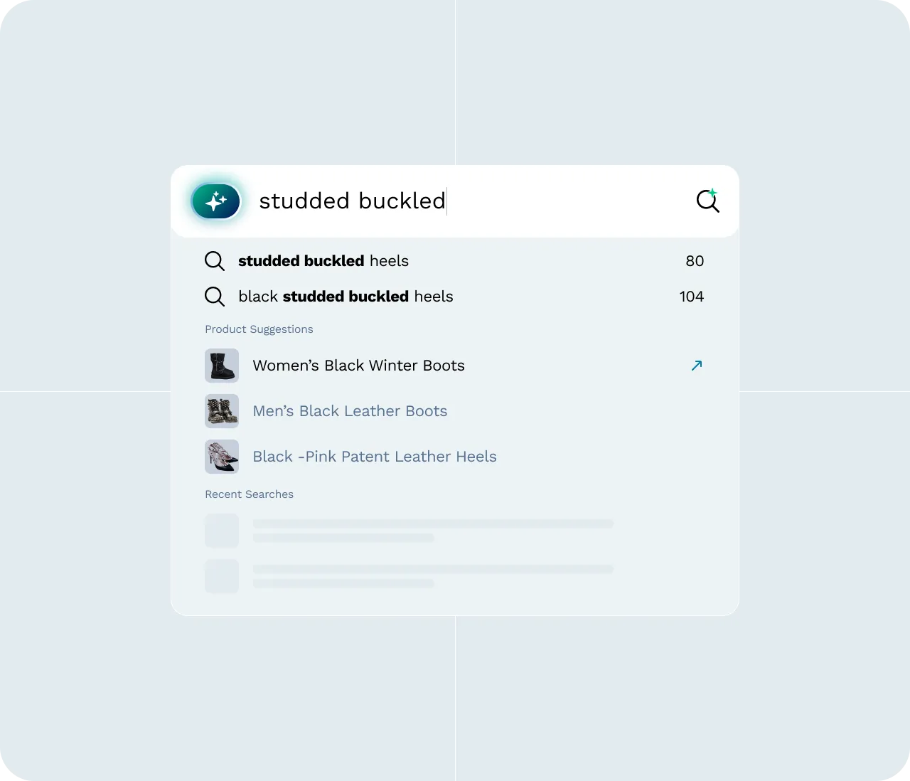 Search bar with typed query 'studded buckled' showing results for studded buckled heels and product suggestions for various boots and heels.