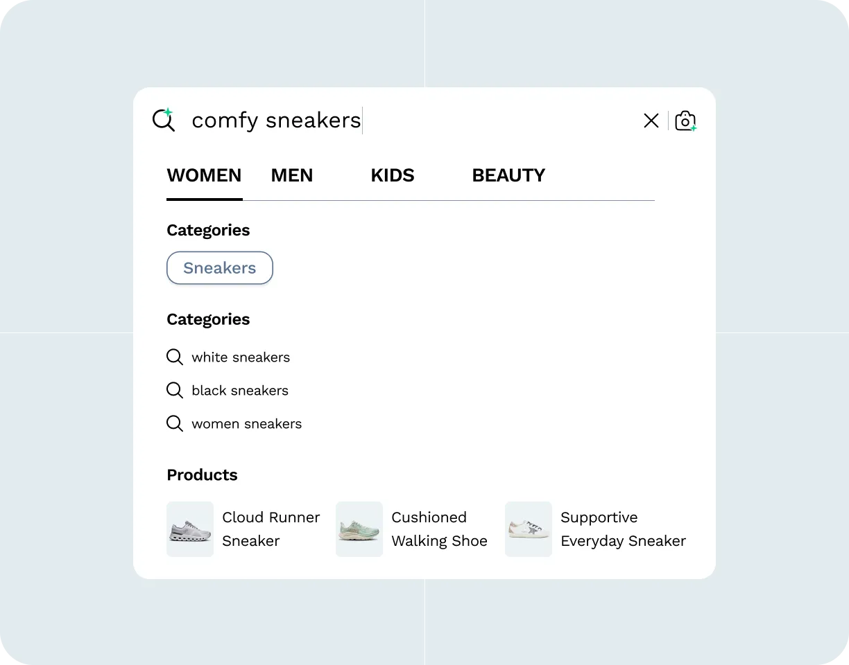 Search interface for comfy sneakers showing categories like sneakers, white sneakers, comfy set, black sneakers, and women sneakers with product options including Cloud Runner Sneaker, Cushioned Walking Shoe, and Supportive Everyday Sneaker.