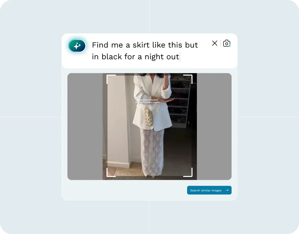 Online shopping interface showing a search for black skirts for a night out with three recommended black skirts displayed.