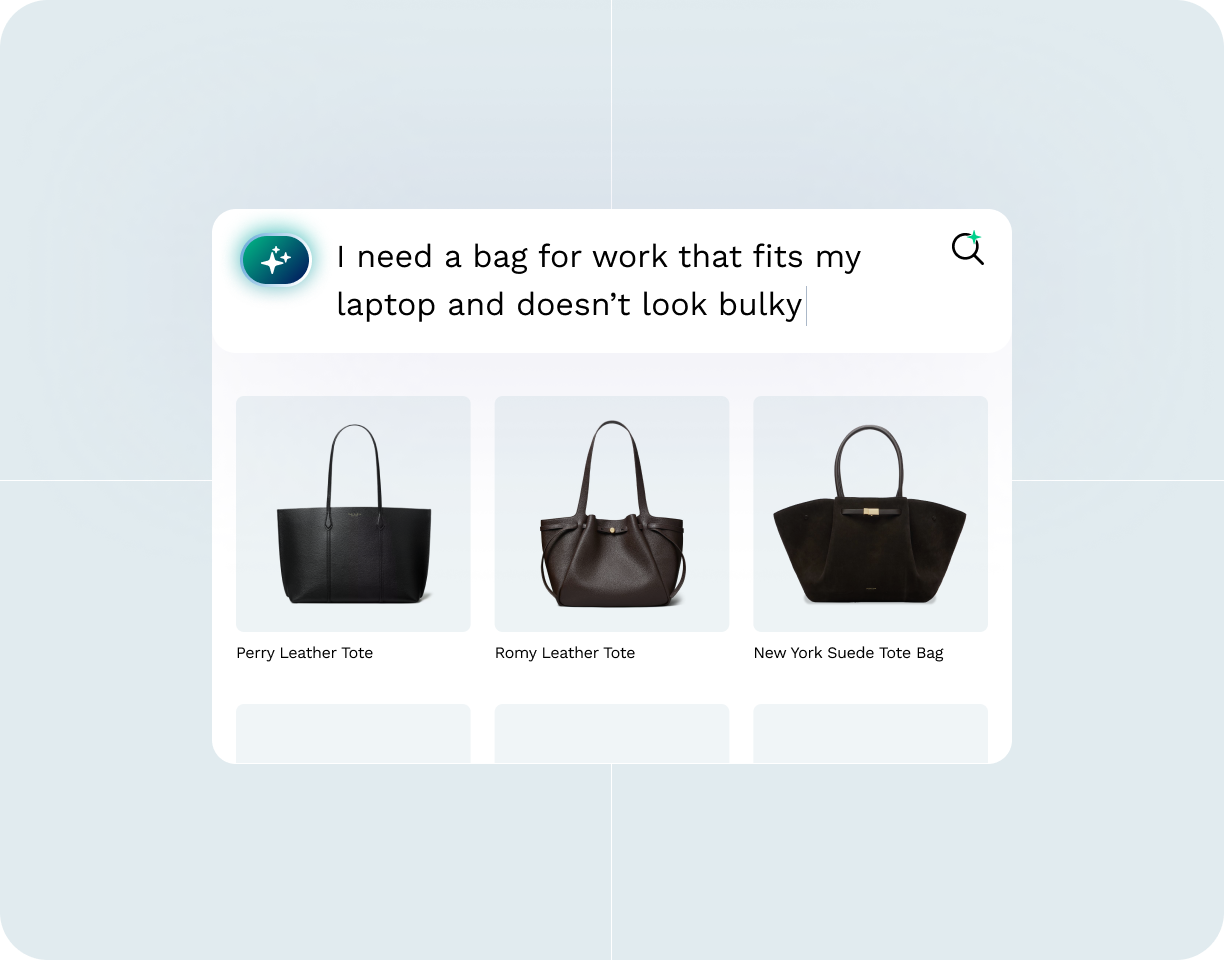 Search bar with text requesting a work bag that fits a laptop and looks slim, showing three black tote bag options: Perry Leather Tote, Romy Leather Tote, and New York suede tote bag.
