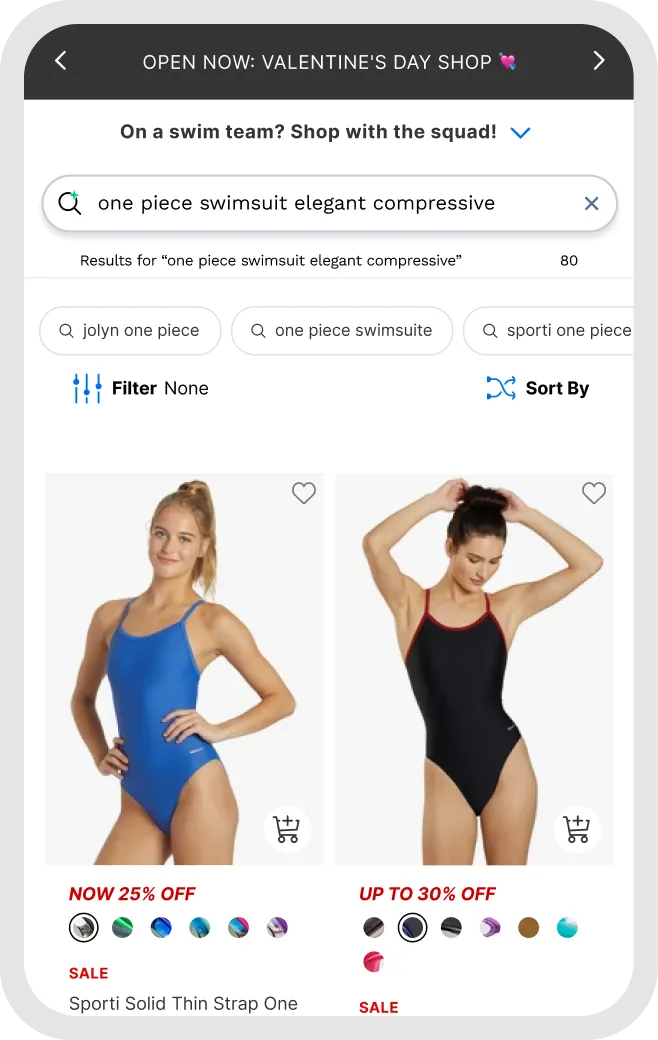 Mobile screen showing a search query for what to wear to a July wedding in Italy with styling tips emphasizing flowy, breathable clothes and soft tones, plus filtering options and product placeholders.