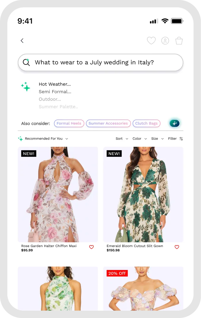 Mobile app screen showing a fashion search query 'What to wear to a July wedding in Italy?' with recommended style tags like Hot Weather, Semi Formal, and suggestions for Formal Heels, Summer Accessories, and Clutch Bags.