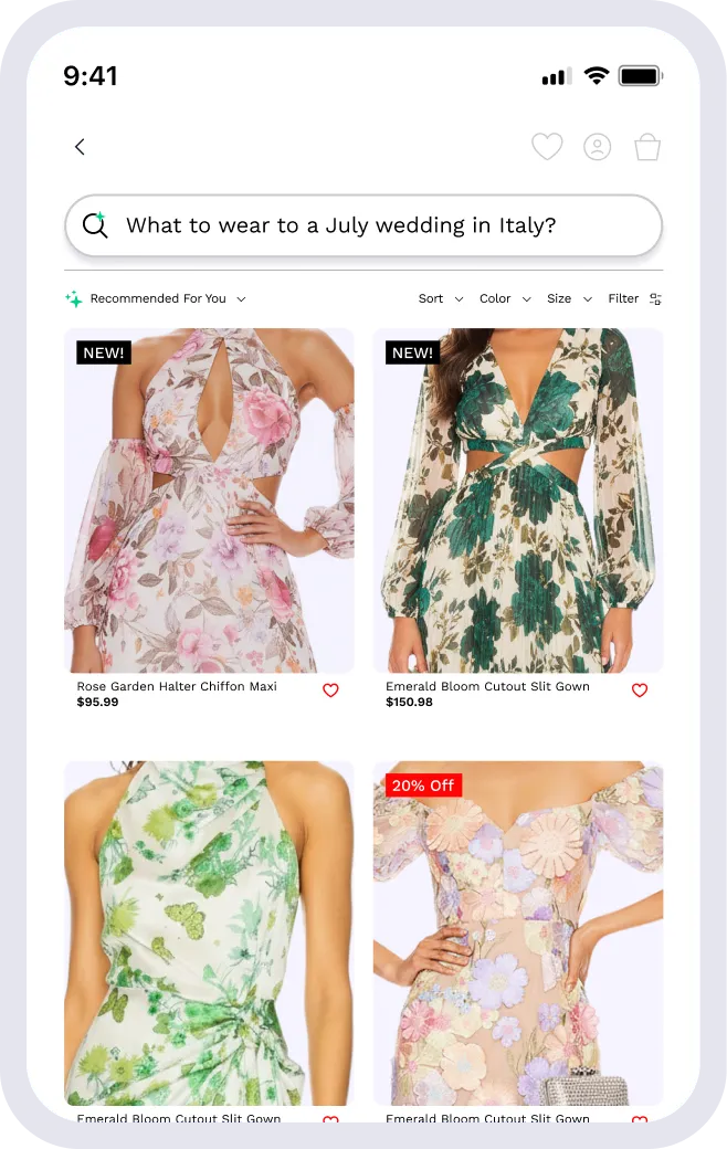 Smartphone screen showing a shopping app with floral dresses for a July wedding in Italy, including Rose Garden Halter Chiffon Maxi and Emerald Bloom Cutout Slit Gown.
