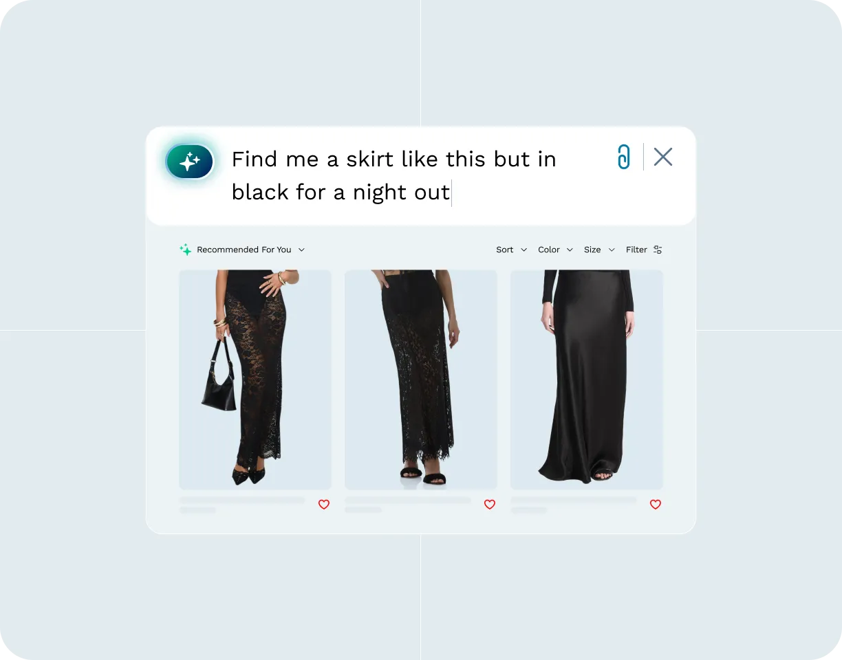 Online shopping interface showing a search for black skirts for a night out with three recommended black skirts displayed.