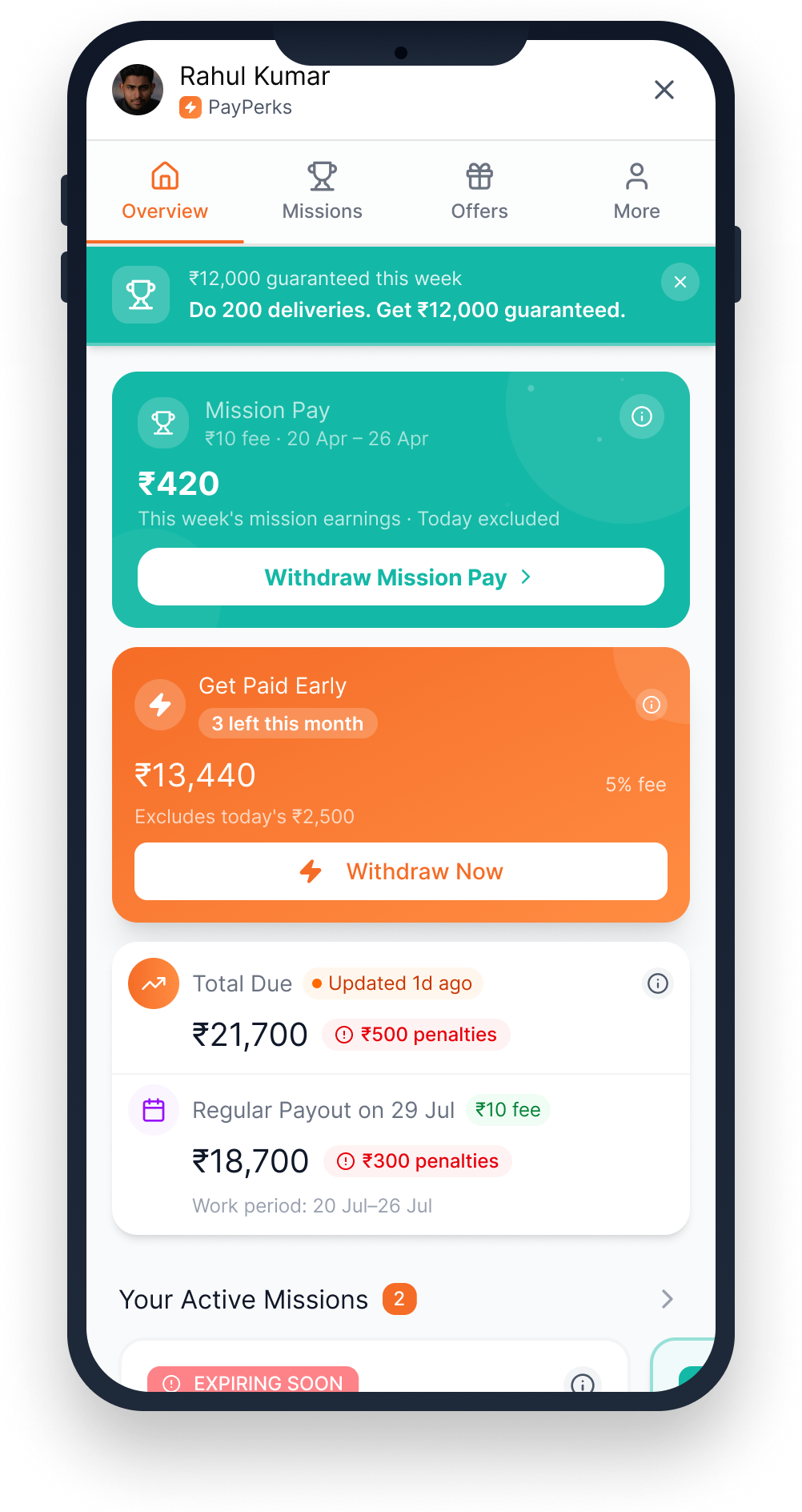 Adloggs rider app: earnings overview, Mission Pay, and On Demand Pay