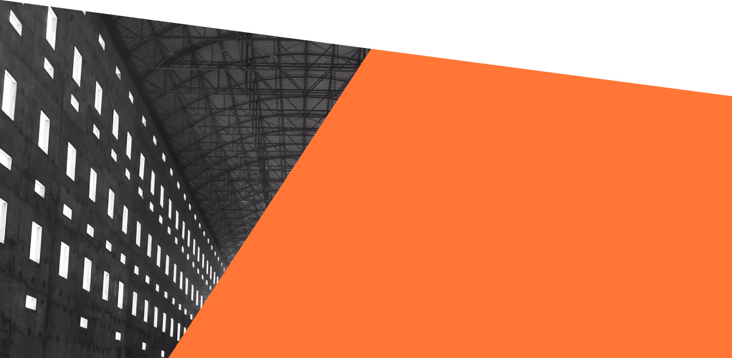 Orange Overlay on Structural Steel Building Interior Diagonal orange block with fabrication expertise trusses