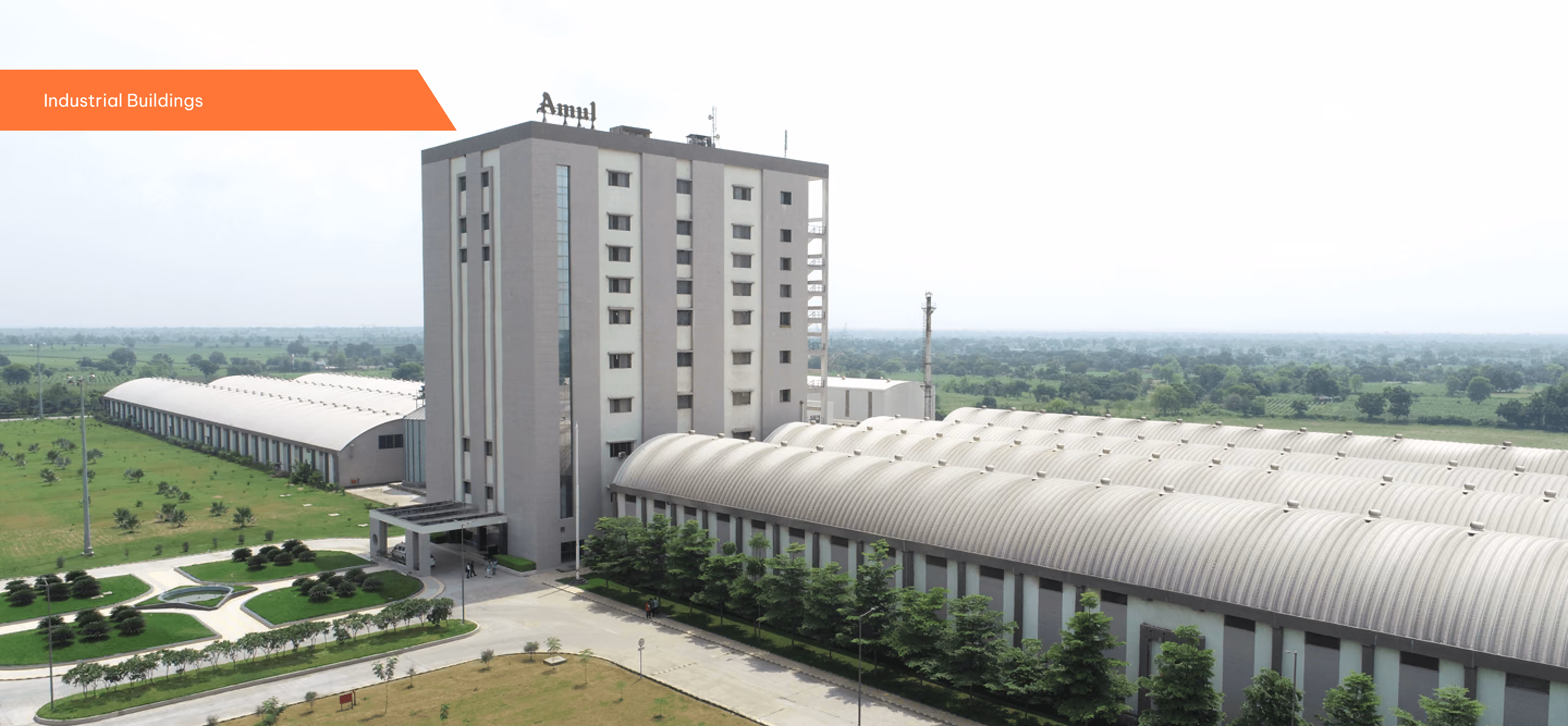Aerial of industrial buildings with proflex steel roofing