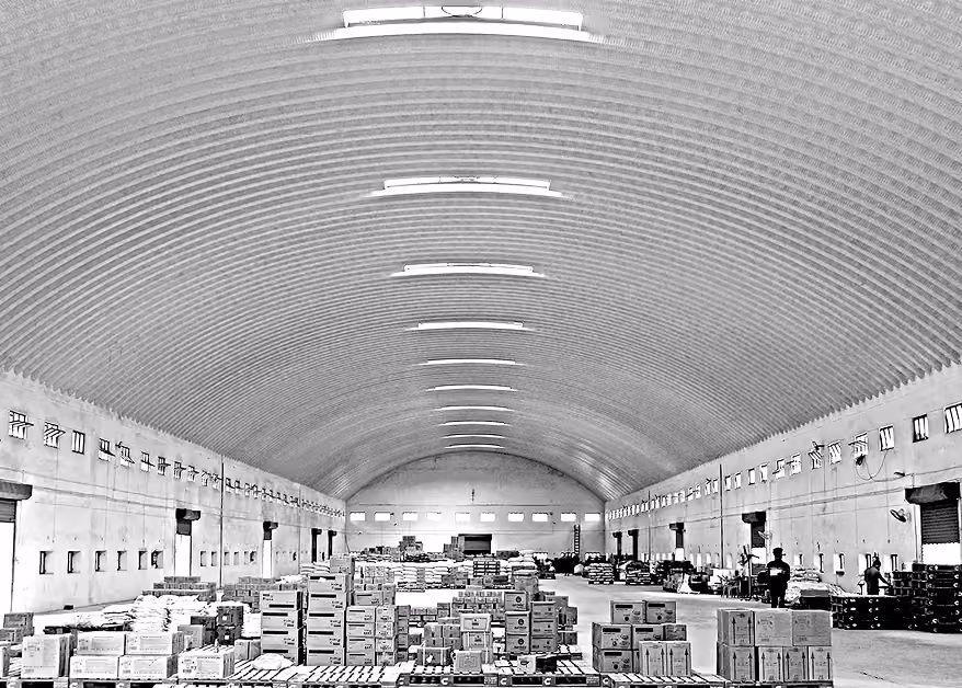 Spacious warehouse with self-supported arched roofing