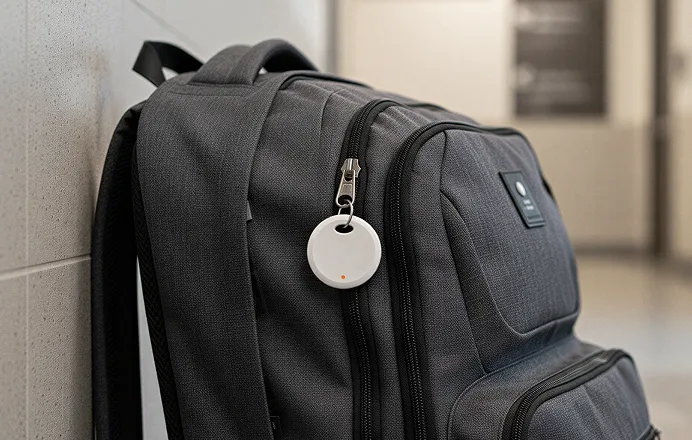 Dark gray backpack with a white circular tracking device attached to the zipper, leaning against a wall indoors.
