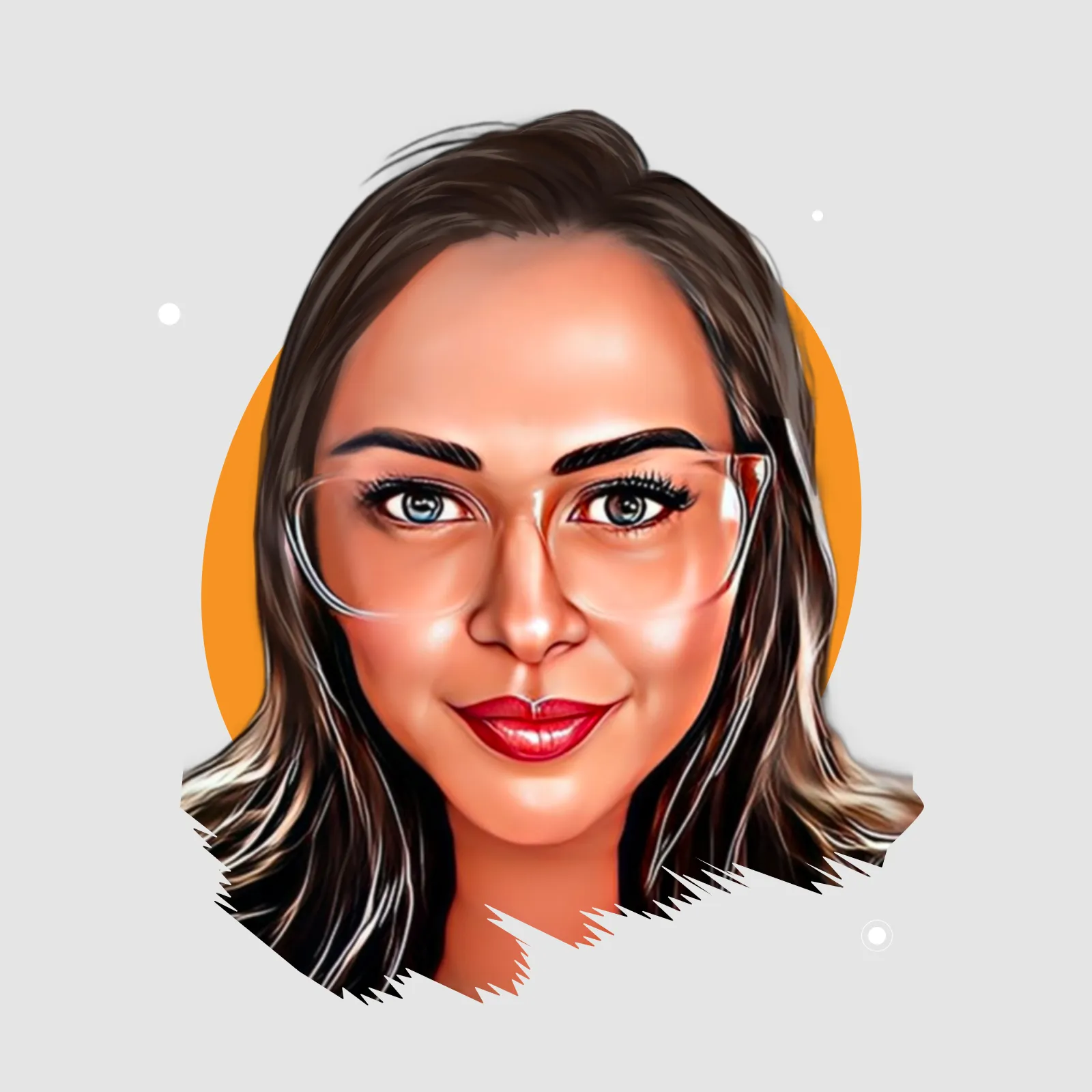 Digital portrait of a woman with long hair, wearing clear glasses and red lipstick, with an orange circle background.