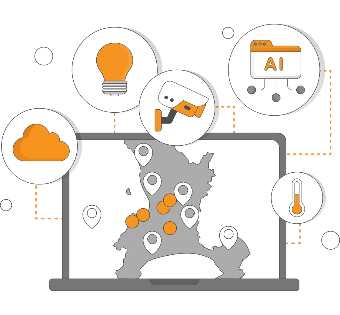 Laptop displaying a map with location pins surrounded by icons of a light bulb, cloud, security camera, AI folder, and thermometer connected by dotted lines.