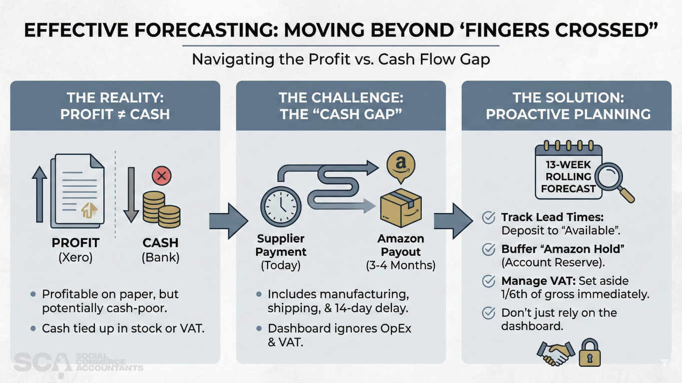 Illustrates that a business can be profitable on paper (Xero) while cash-poor in the bank due to funds tied up in stock or VAT.