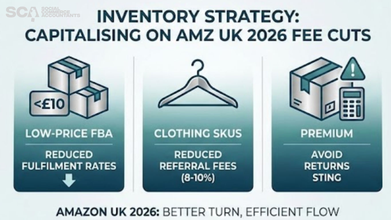 Infographic outlining Amazon UK 2026 inventory strategies to capitalize on fee cuts, highlighting reduced fulfillment rates for items under £10, lower referral fees for clothing SKUs, and the importance of avoiding return costs for premium items.