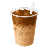 Iced coffee in a clear plastic cup with ice cubes and a white straw.
