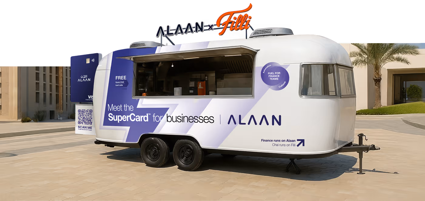 White and purple food truck with branding for Alaan and Filli with SuperCard branding