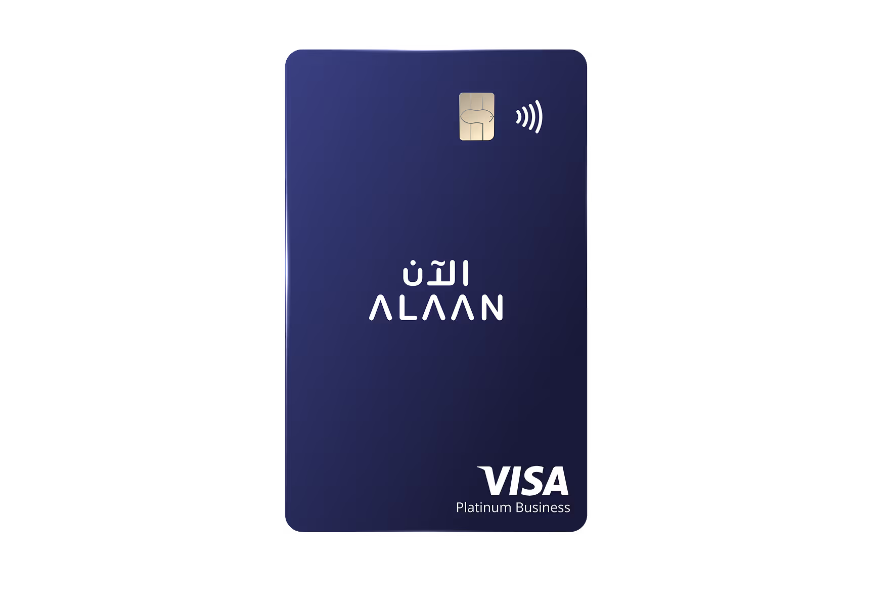 Dark blue VISA Platinum Business credit card with AL AAN logo and contactless payment symbol.