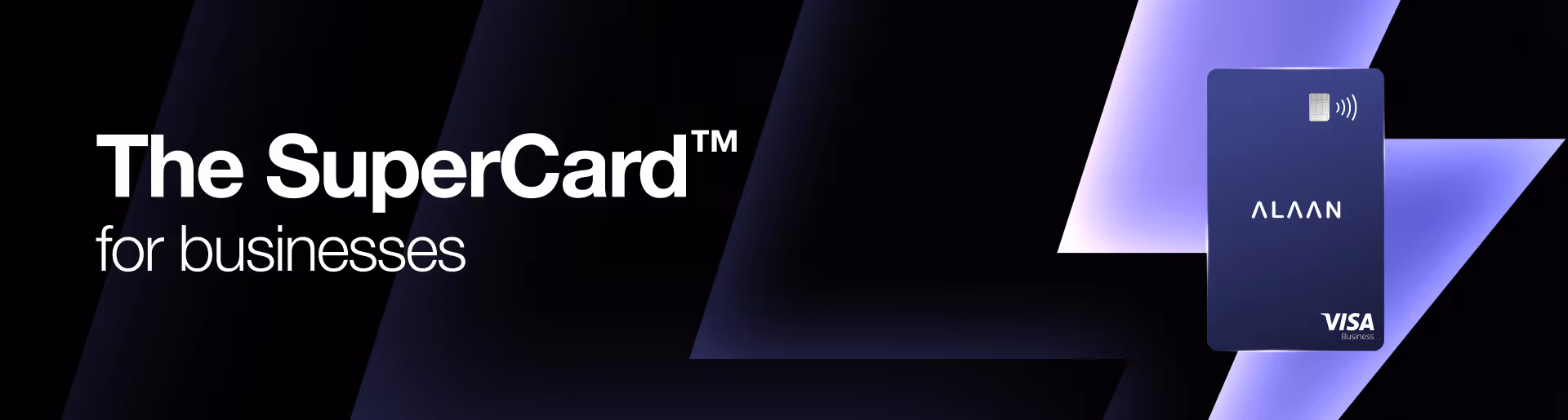 A dark blue ALaan Visa Business card displayed on a black and purple geometric background with the text 'The SuperCard™ for businesses'.