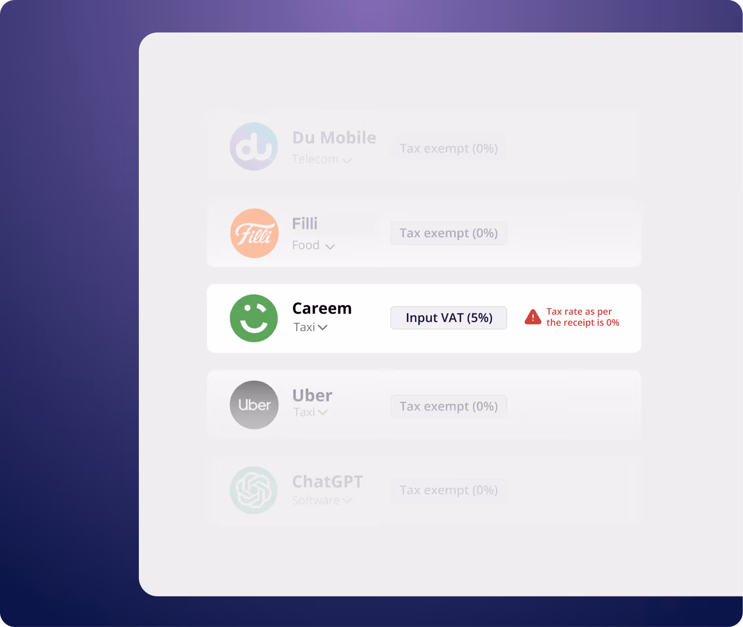 Listing of service providers with tax info: Du Mobile and Filli show tax exempt 0%, Careem shows input VAT 5% with warning tax rate as per receipt is 0%, Uber and ChatGPT show tax exempt 0%.