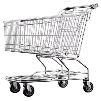 Empty metal shopping cart with four wheels on a transparent background.