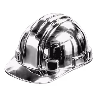 Shiny silver metal construction hard hat isolated on black background.