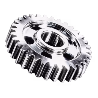 Shiny metallic gear with evenly spaced teeth and a central hole, isolated on a black background.