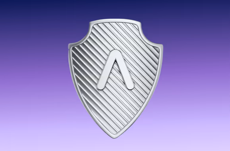 Silver shield with diagonal lines and a stylized letter A in the center on a purple gradient background.
