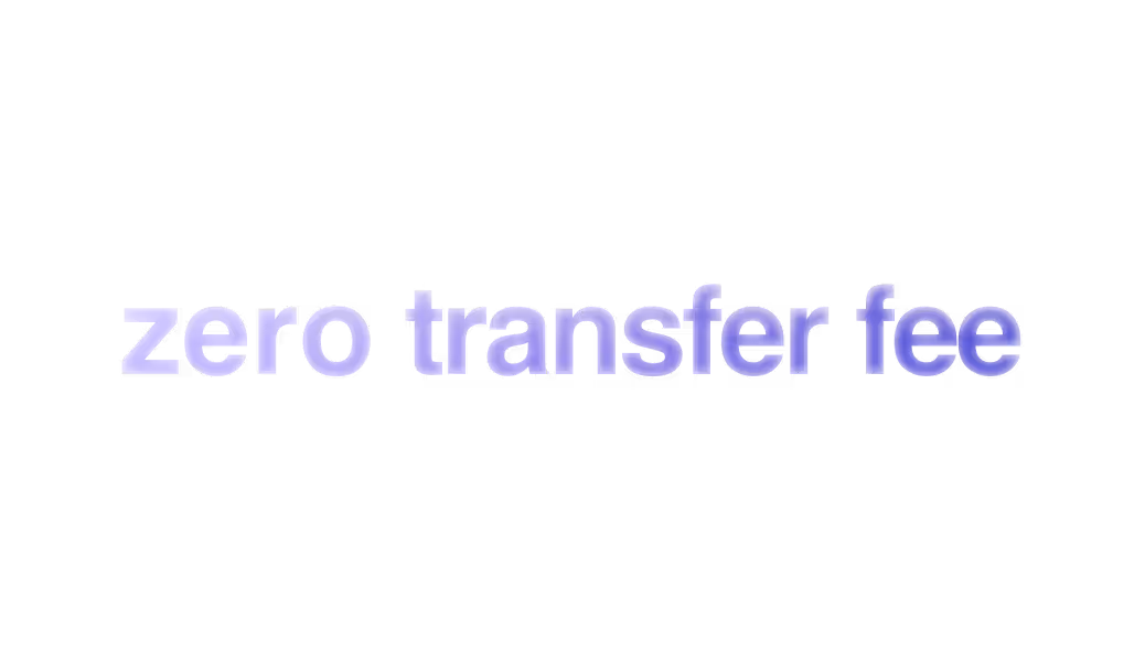 Text reading zero transfer fee in purple gradient on black background.