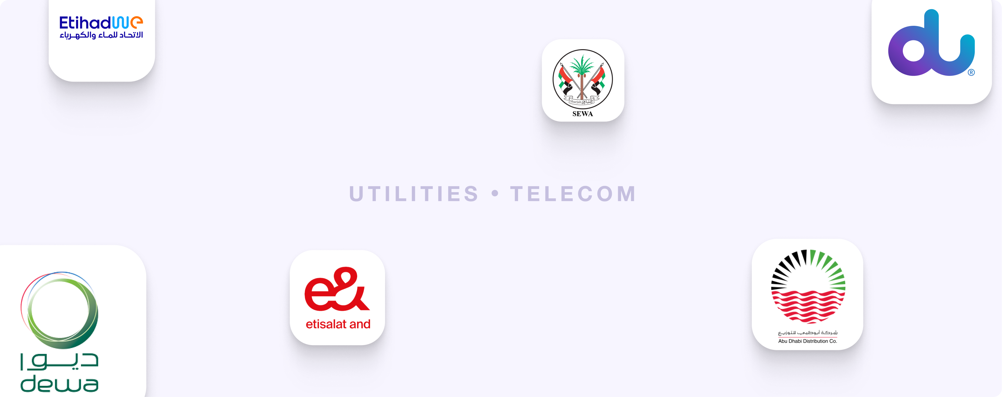 Logos of UAE utilities and telecom companies arranged around the text 'UTILITIES • TELECOM', including Etihad, SEWA, du, dewa, etisalat, and Abu Dhabi Distribution Co.