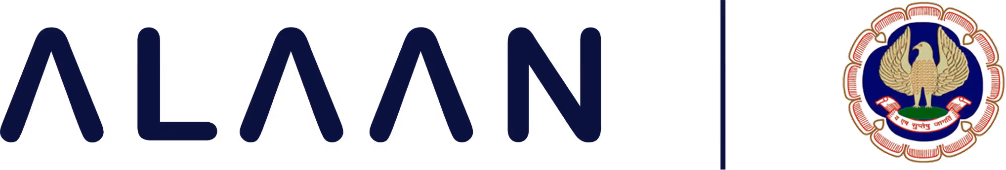 Alaan text logo in dark blue with emblem featuring a golden eagle on a blue circle with a red bordered floral design background.