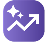 White rising arrow line with two sparkle icons on purple rounded square background symbolizing growth or improvement.
