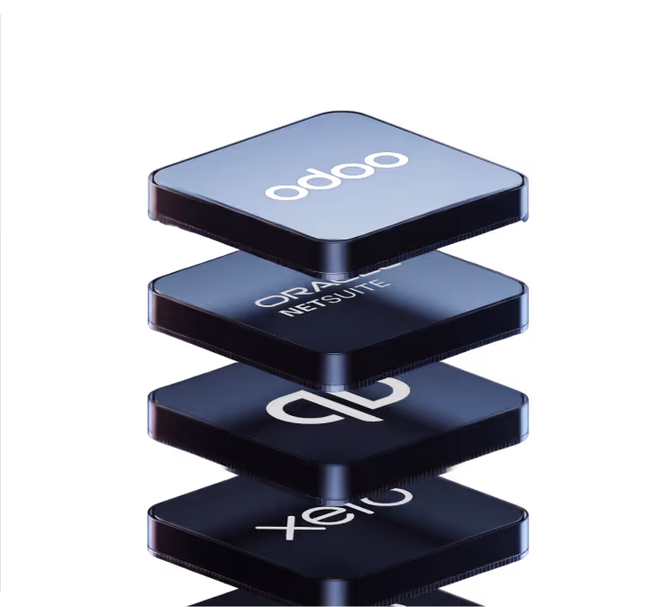 Four floating black squares displaying logos of accounting software: Odoo, Oracle NetSuite, QuickBooks, and Xero.