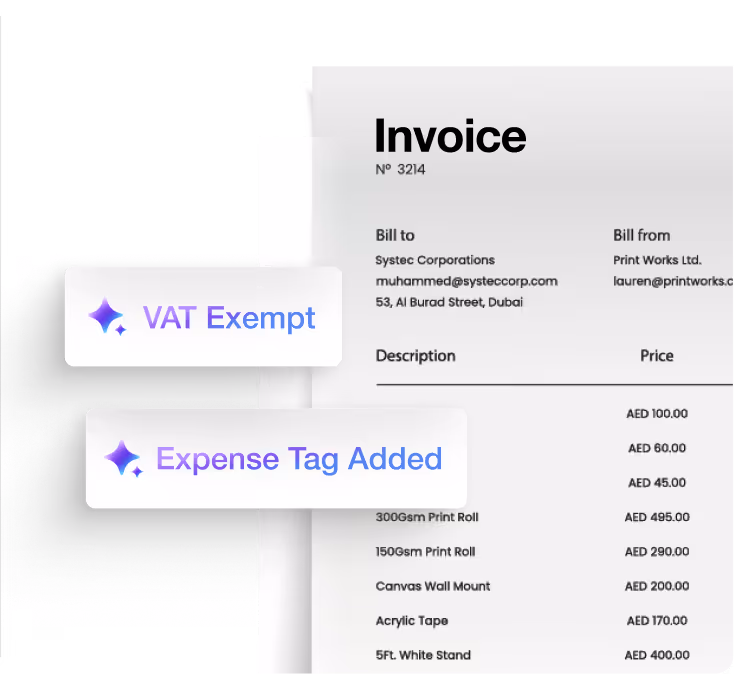 Invoice with billing details, item descriptions, prices in AED, and tags saying VAT Exempt and Expense Tag Added.