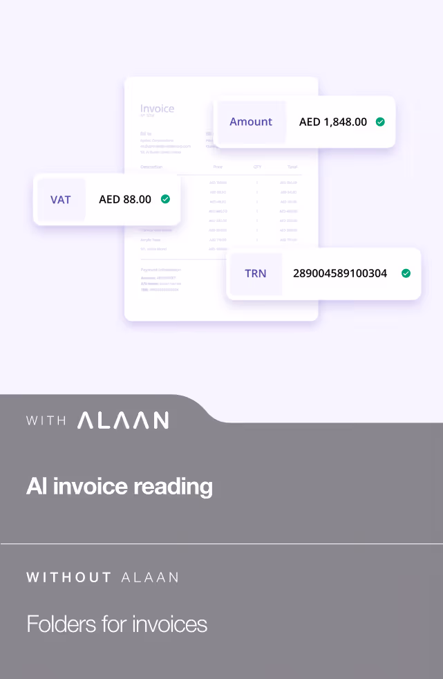 Comparison showing AI invoice reading with extracted amounts and VAT checkmarks versus manual folders for invoices.