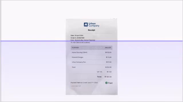 Receipt from Urban Company showing home cleaning service with total amount 190.00 paid by credit card.