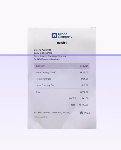 Urban Company receipt dated April 12, 2024, showing charges for 2BHK home cleaning and payment by credit card marked as paid.