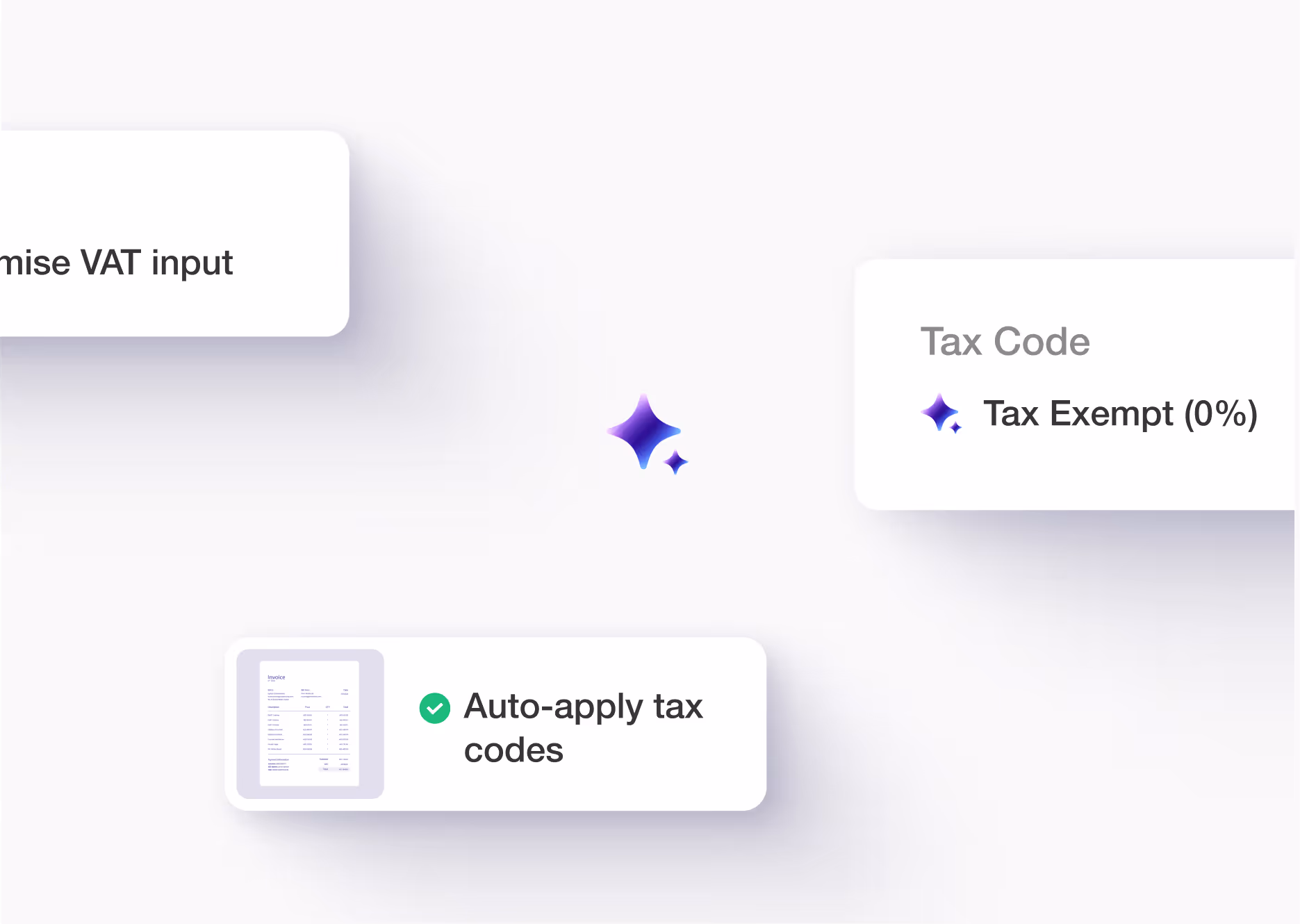 Interface elements showing tax options including tax exempt code and auto-apply tax codes with invoice icon.