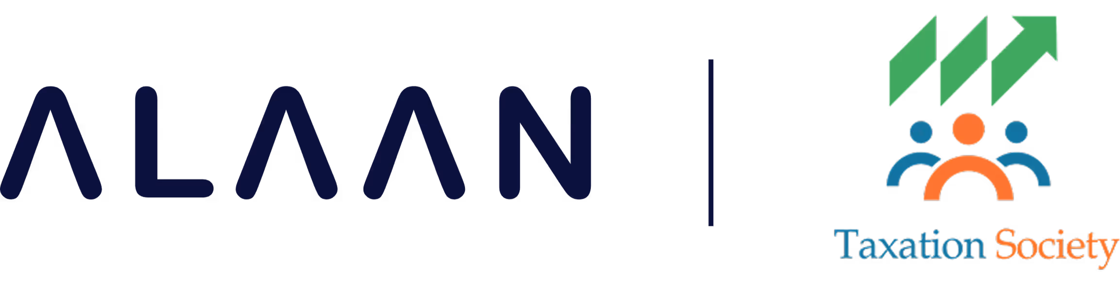 Alaan text next to Taxation Society logo with stylized people and upward green arrows.