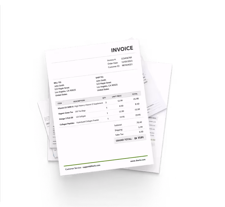 Invoice from iHerb listing supplements with prices, quantities, subtotal, shipping, tax, and total amount.