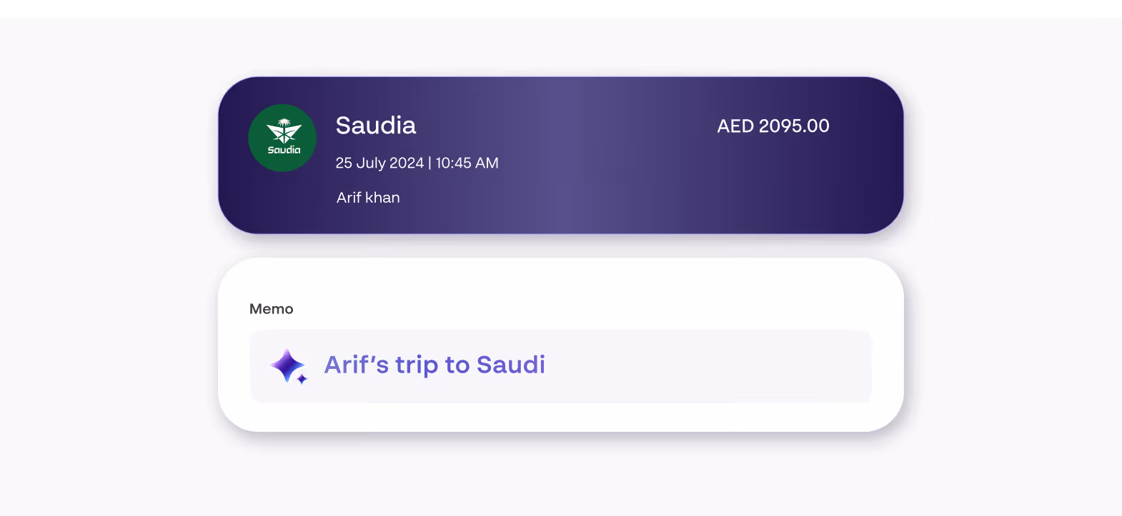 Saudia flight booking for Arif Khan on 25 July 2024 at 10:45 AM costing AED 2095 with memo about trip to Saudi Headquarters.