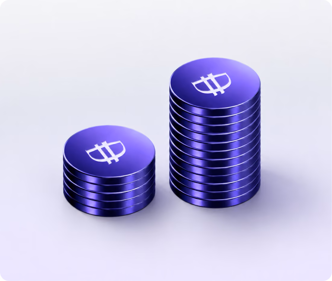 Two stacks of shiny purple coins with a white currency symbol on top, one stack taller than the other, on a light surface.