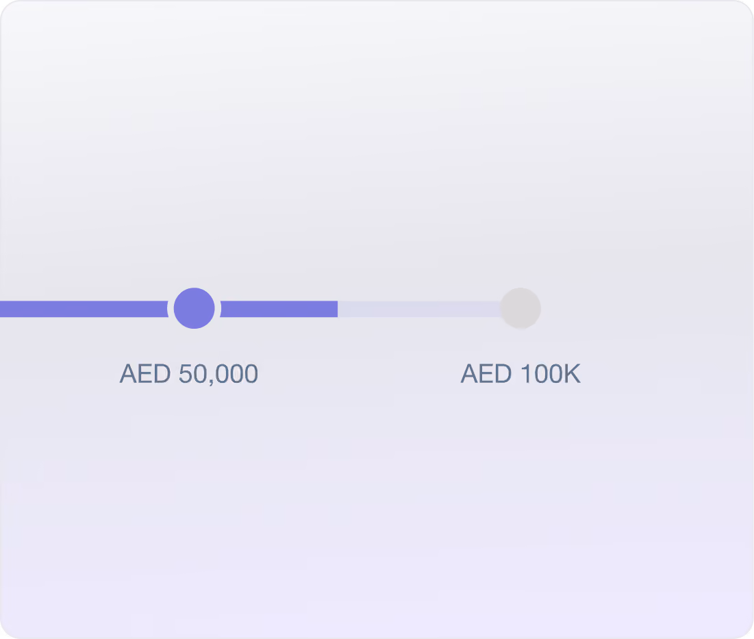 Progress bar showing spending milestone with a purple slider circle positioned slightly past AED 50,000 towards AED 100K.