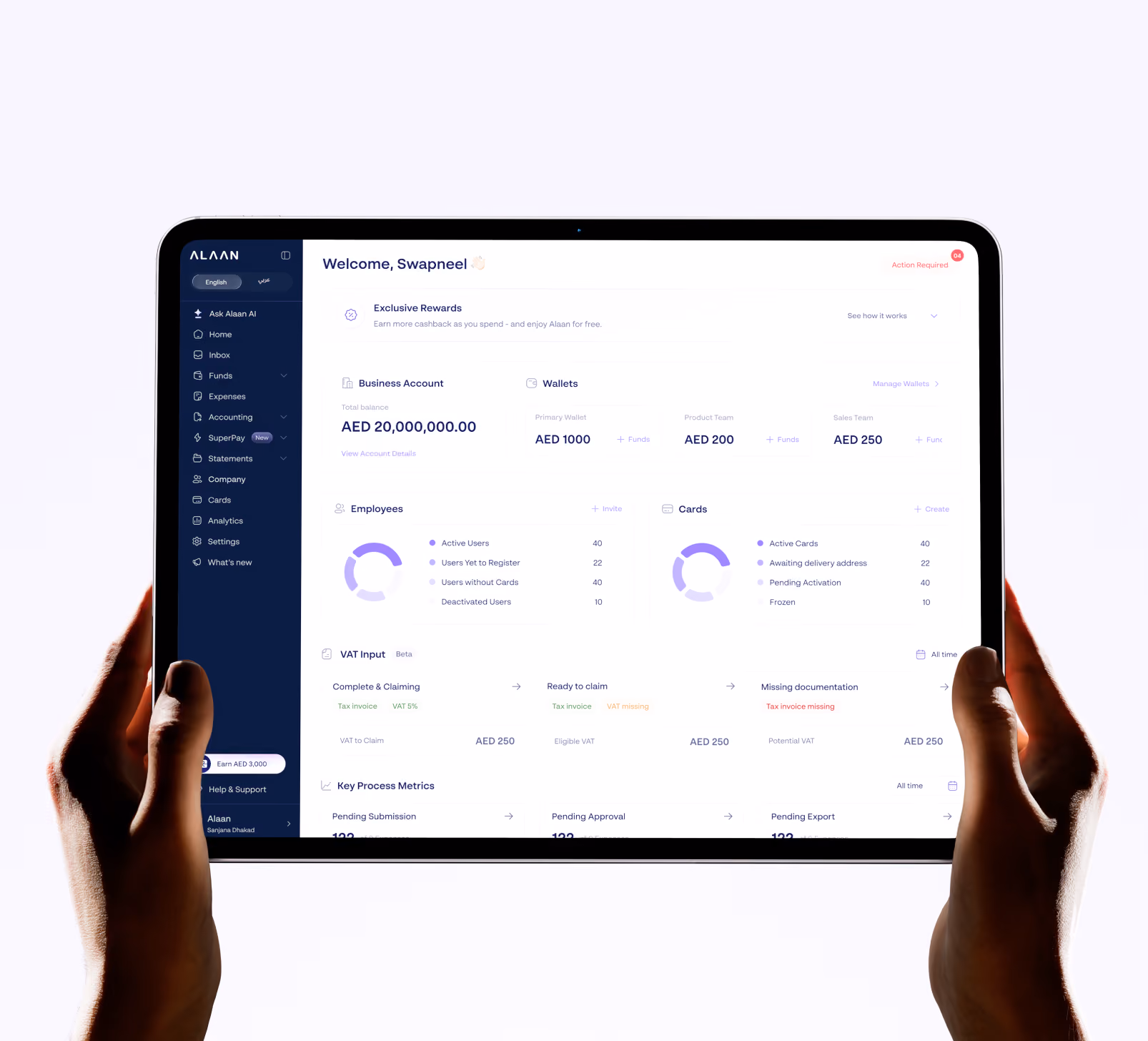 Hands holding a tablet displaying a financial dashboard with business account balance, wallets, employee metrics, cards status, VAT input, and key process metrics in a modern user interface.