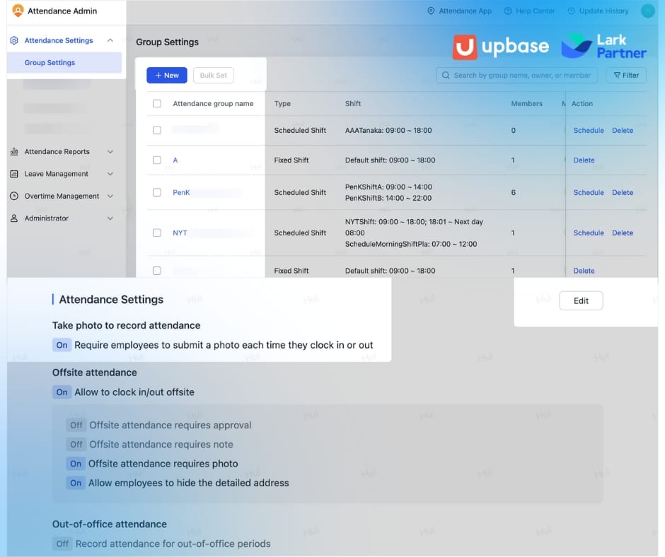 Giao diện thiết lập quy tắc chấm công của Lark Suite