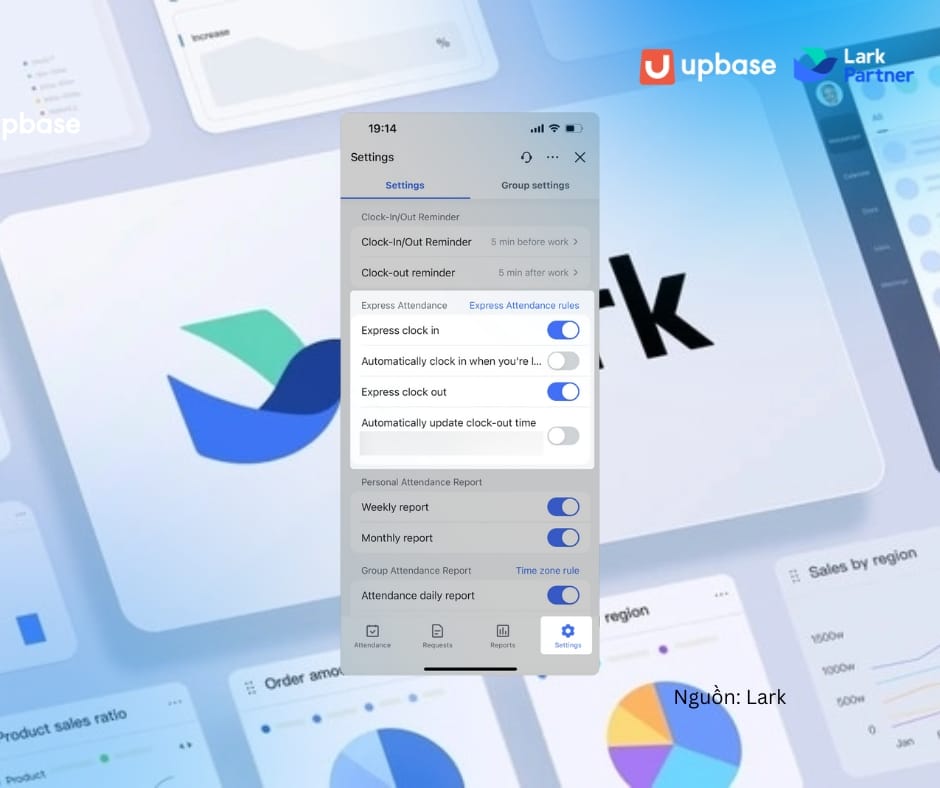 Giao diện cài đặt chấm công trên Lark Suite